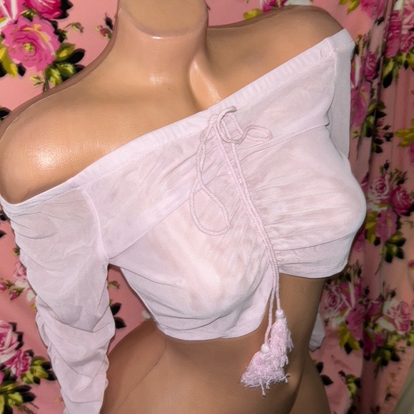 Pink mauve ruched long sleeve scrunch crop top sexy lingerie date night club D3 - Picture 3 of 6